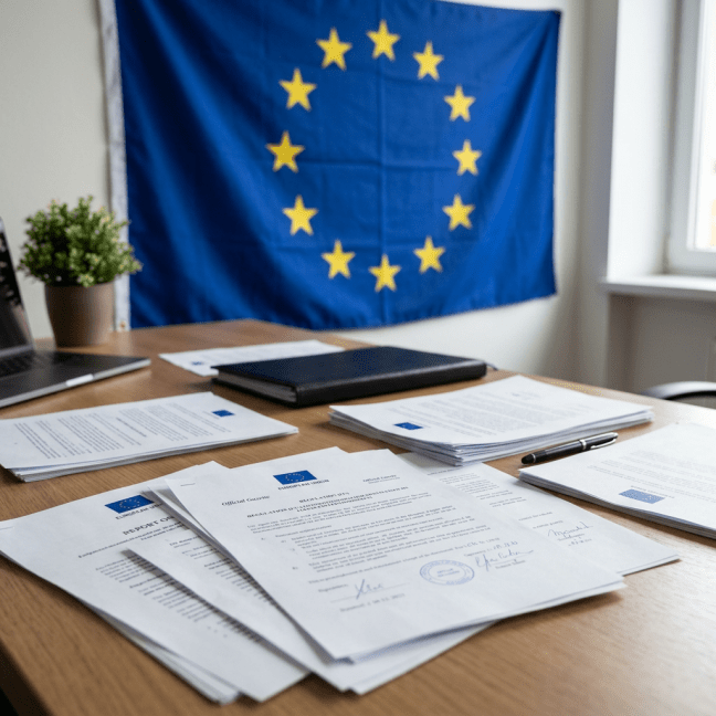 Stacks of official European Union papers on a wooden desk with EU flag behind