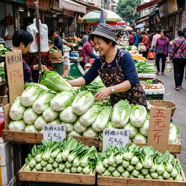 Vendor arranging napa cabbage and bok choy at a busy market stall